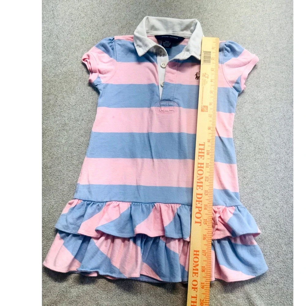 Ralph Lauren Polo Dress Kids 3T Pink Blue Striped Ruffle Hem Short Sleeve Preppy